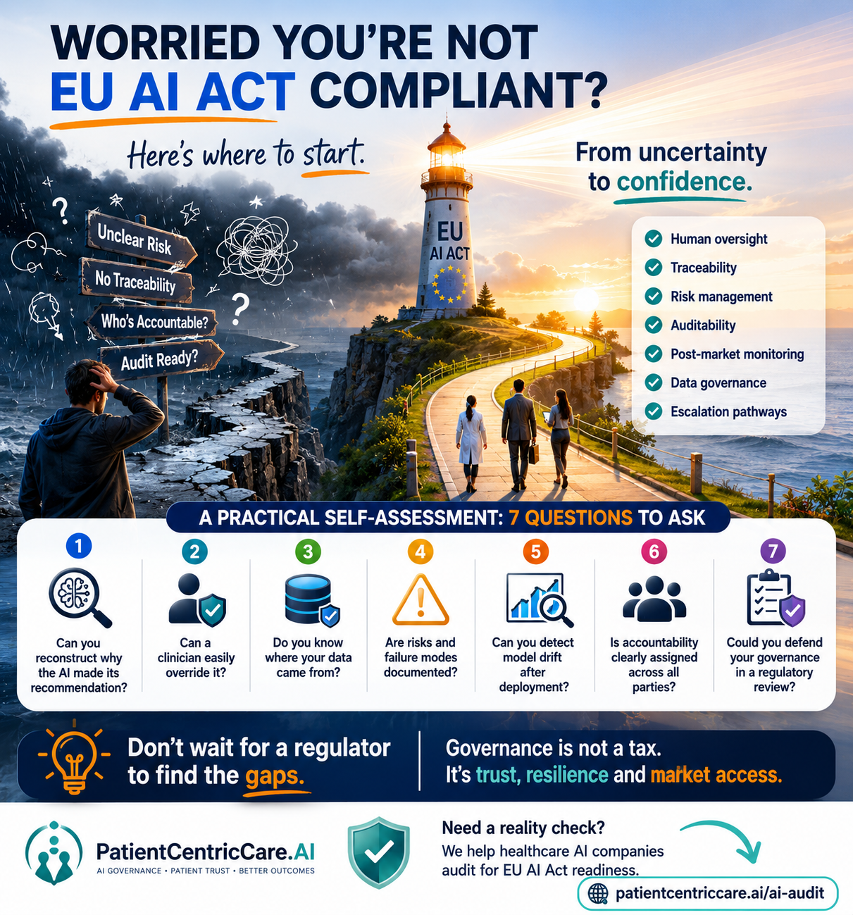 EU AI Act Compliance Roadmap — from uncertainty to confidence: human oversight, traceability, risk management, auditability, post-market monitoring, data governance, escalation pathways